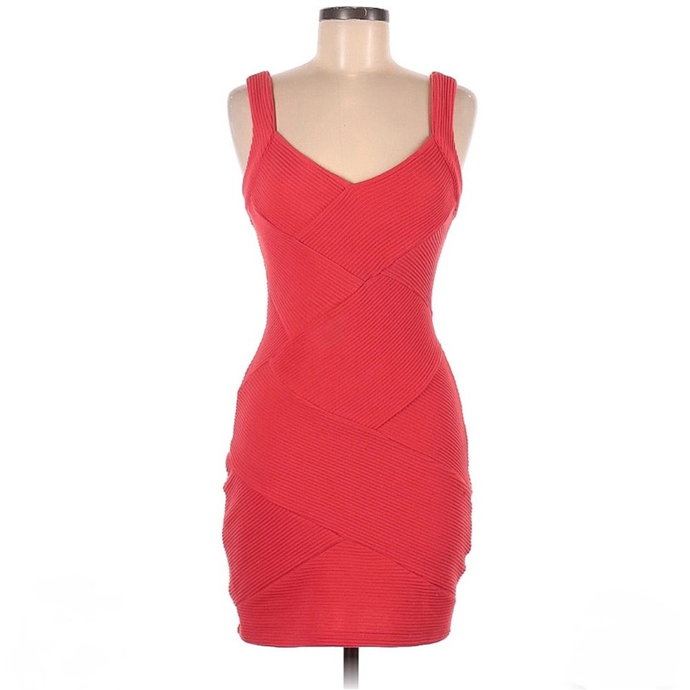 Coral Ribbed Sweetheart Bandage Sleeveless Mini Dress Size Medium